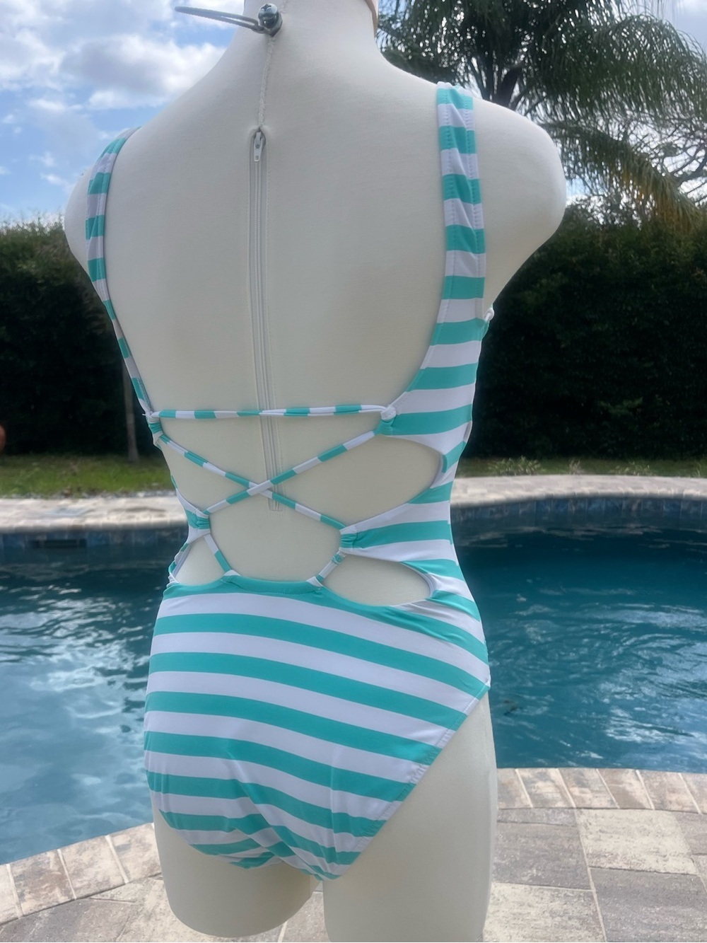Polo by Ralph Lauren Aqua and White Striped One-Piece Swimsuit - Picture 3 of 9